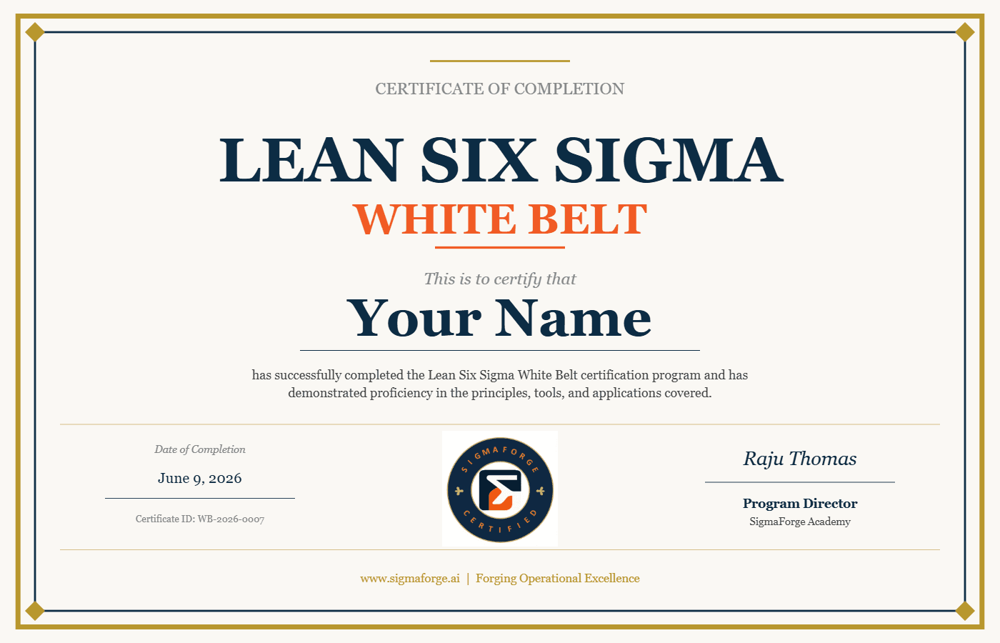 Sample SigmaForge Lean Six Sigma White Belt certificate of completion