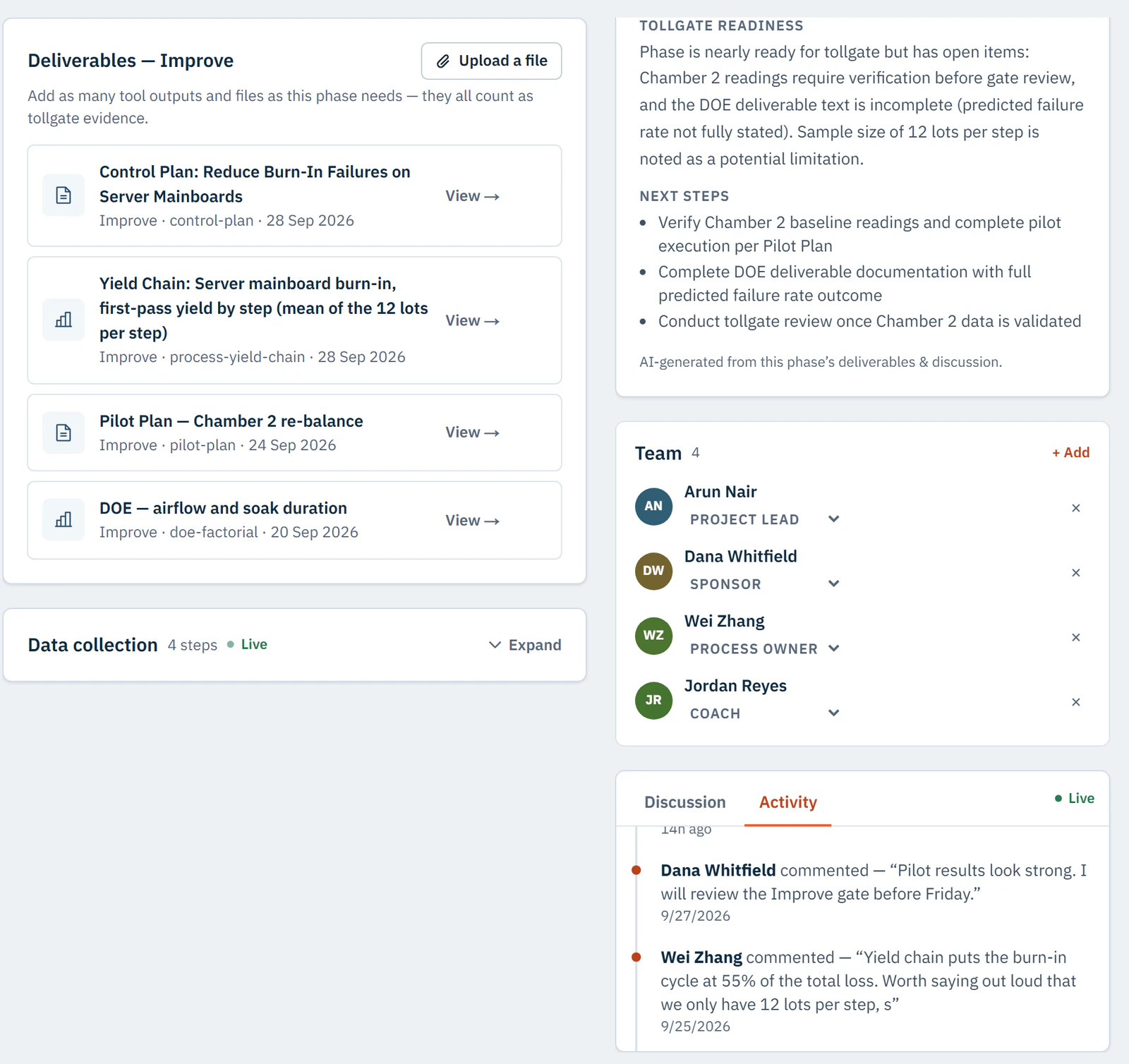 Project deliverables beside the team and the activity feed, recording who commented on what and when.