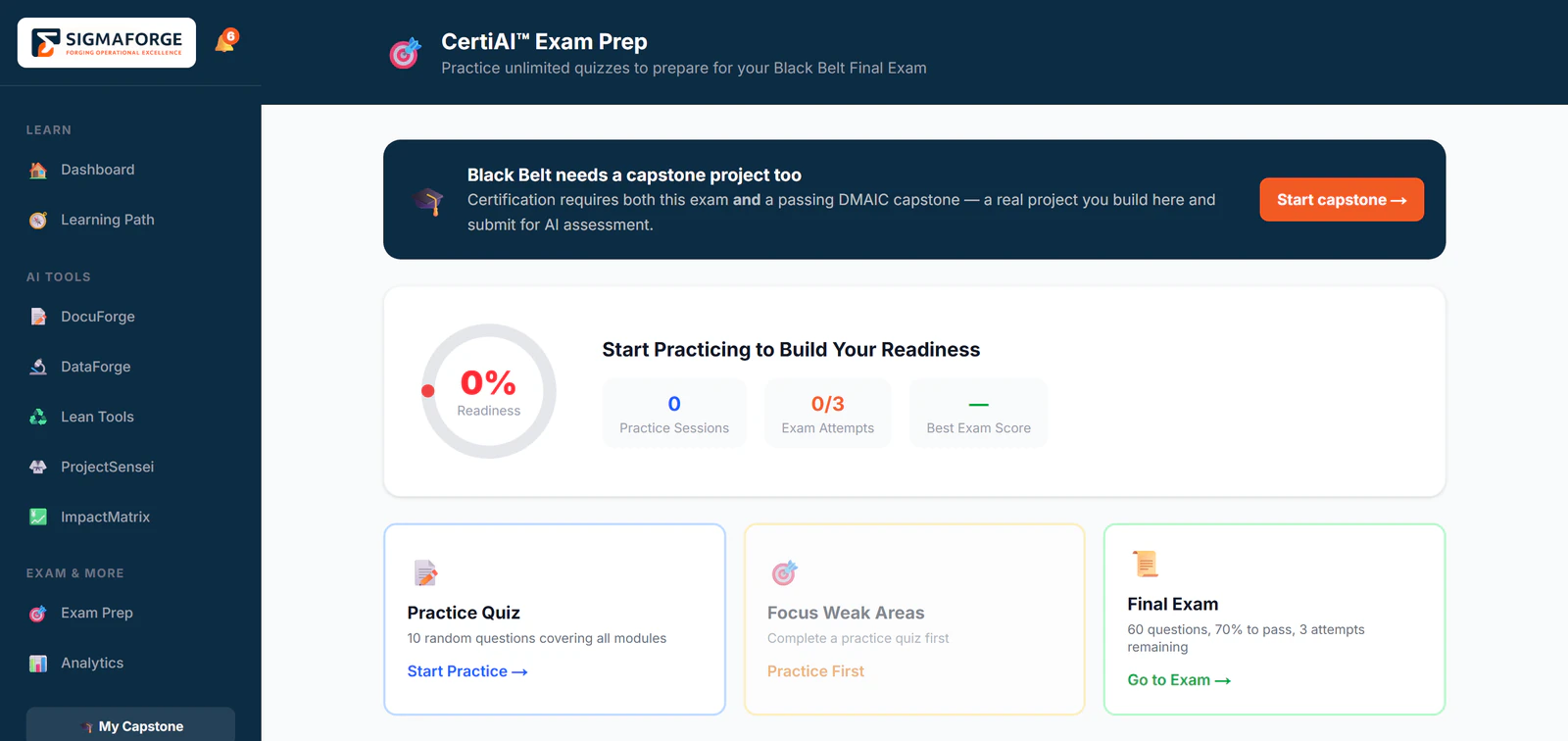 CertiAI exam prep for Black Belt: a readiness gauge, practice sessions and exam attempts, and cards for a practice quiz, weak areas and the final exam.