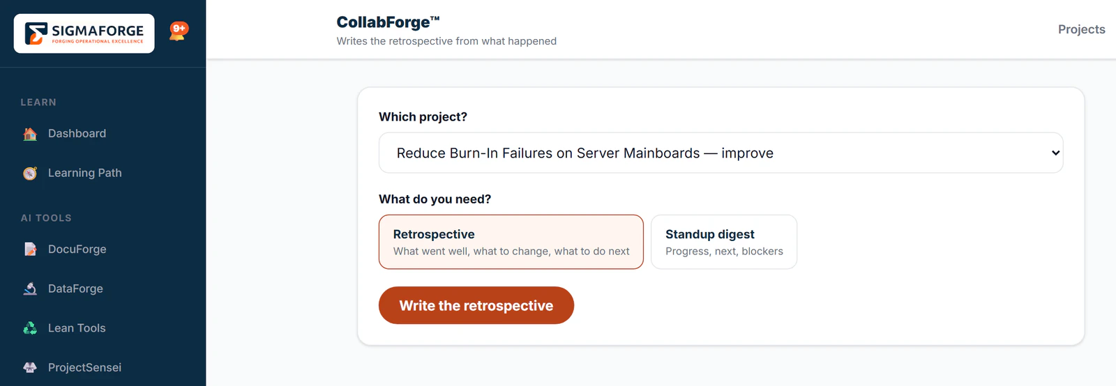 CollabForge with a project in the Improve phase selected and a choice between a retrospective and a standup digest, ready to write the retrospective.