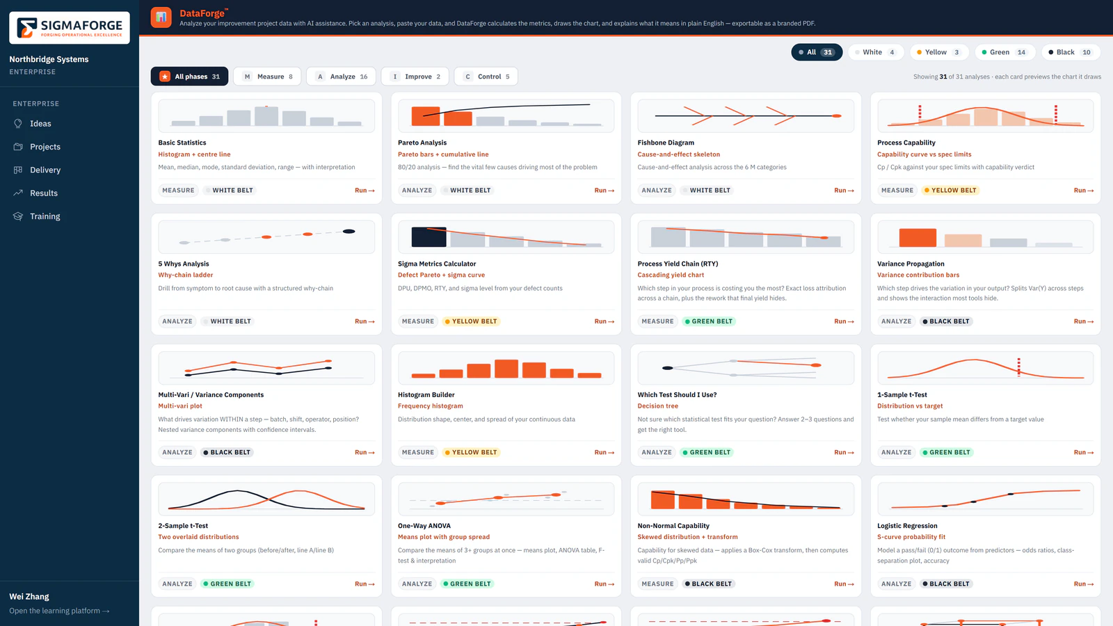 The DataForge analysis library: every analysis as a card with a preview of its chart, its DMAIC phase and its belt level, filterable by phase and belt.