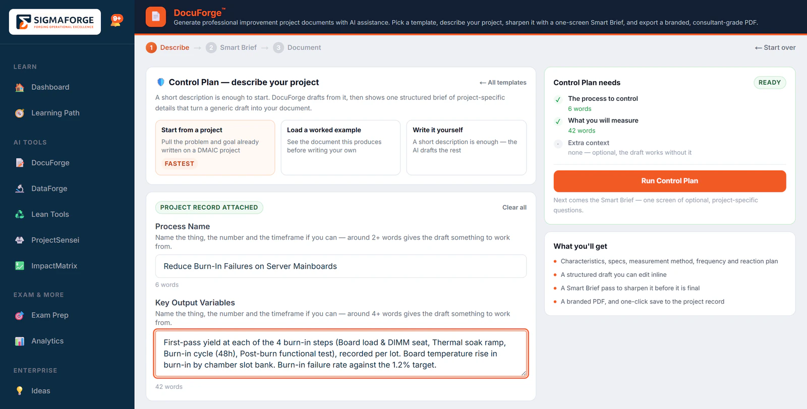 DocuForge describe step for a control plan: the project record attached, the process name and key output variables filled in, and a checklist marked ready before the draft runs.