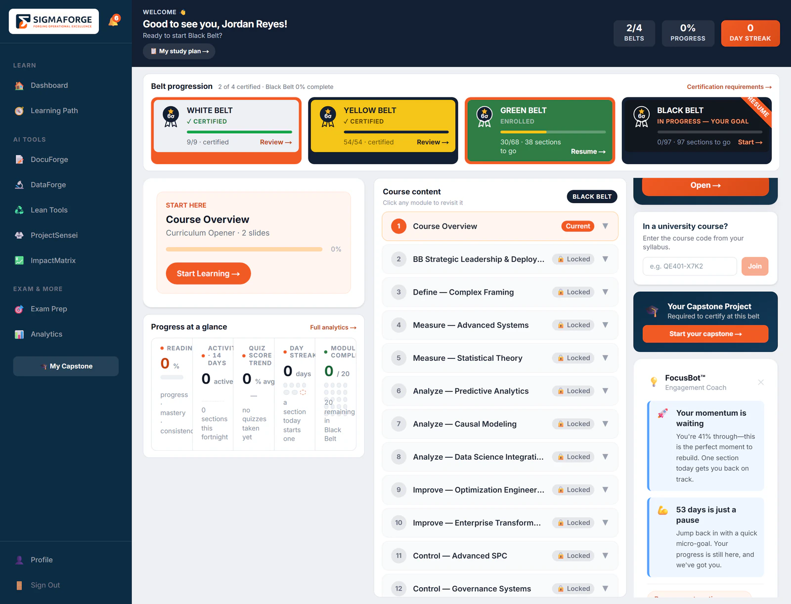 A learner dashboard with FocusBot in the right column: a nudge that the learner is 41% through, and a micro-goal to get back on track after 53 days away, beside belt progression and course content.