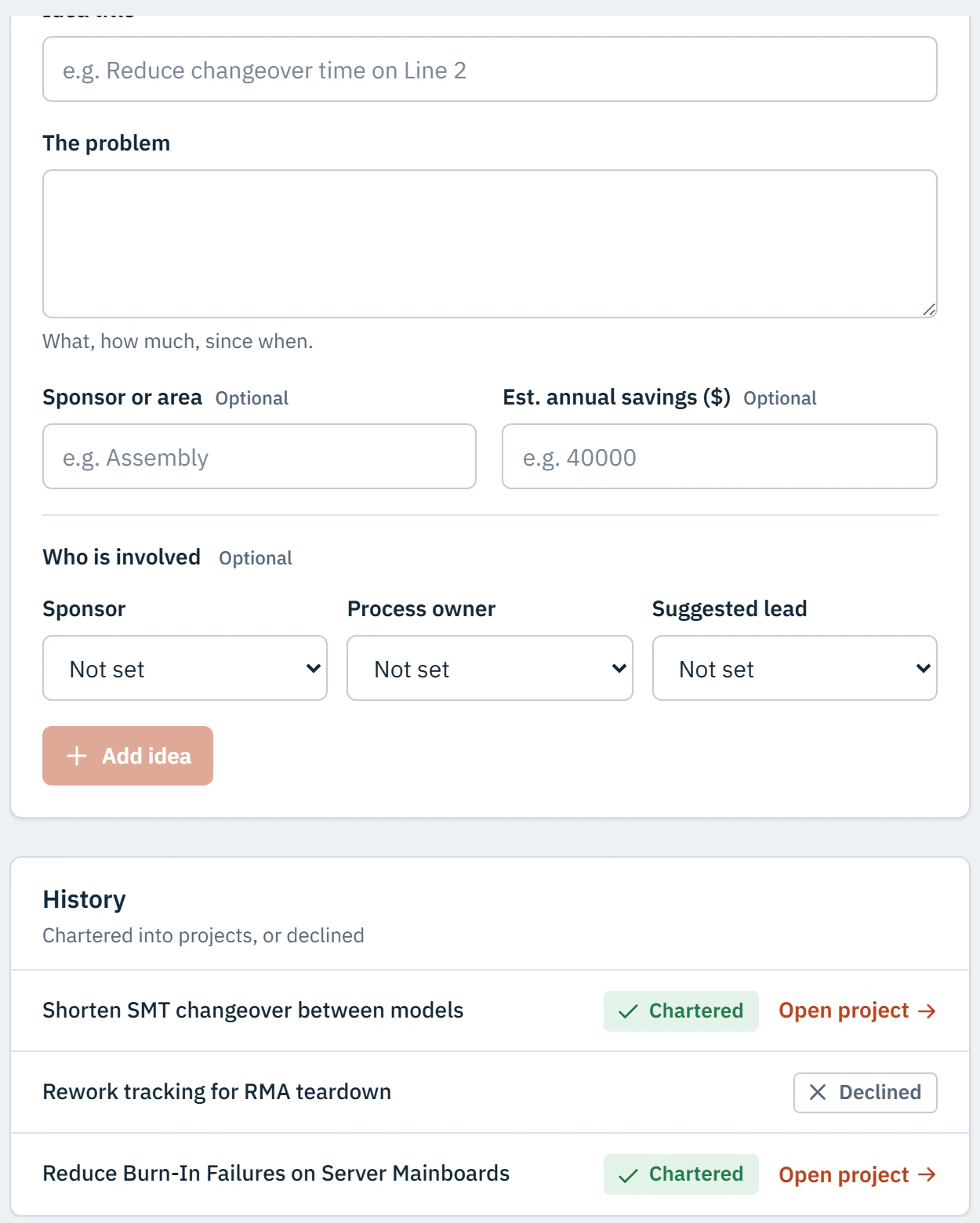 Submitting an improvement idea, and the history of ideas chartered into projects or declined.