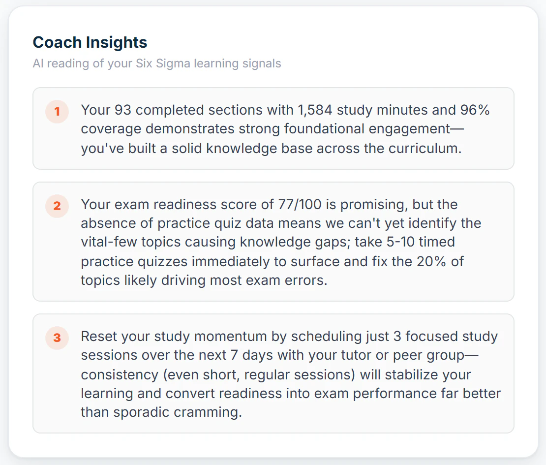InsightStream coach insights: three numbered readings of a learner’s study signals, each with a specific next step.