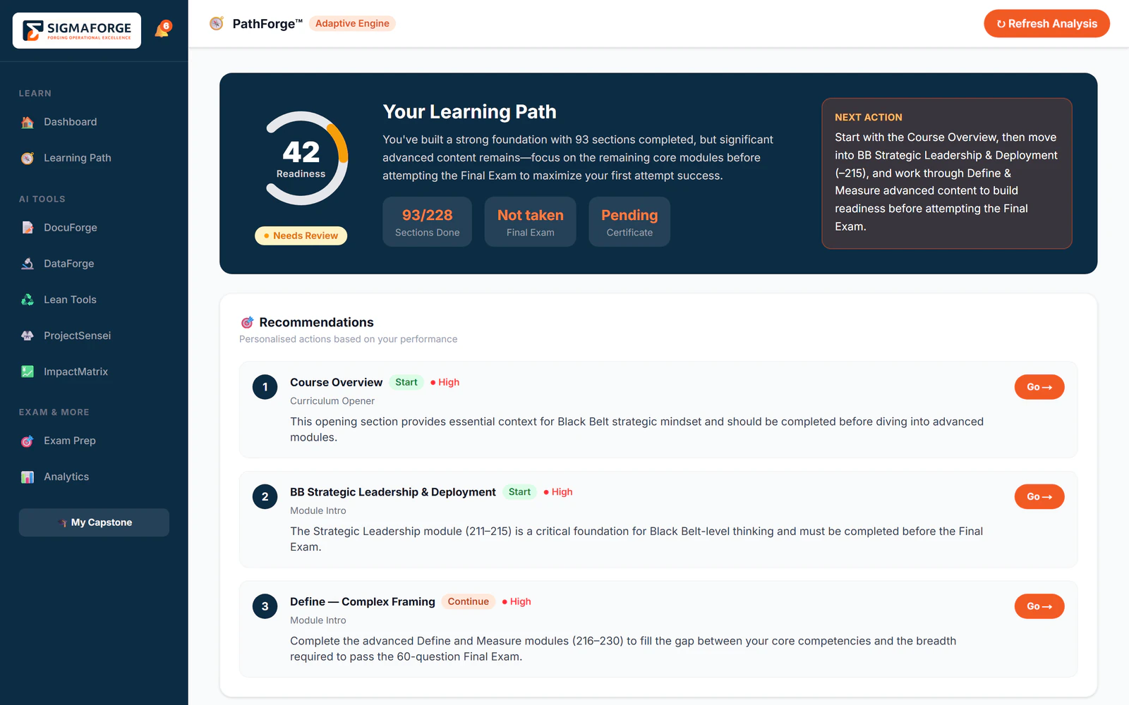 PathForge learning path with a readiness score of 42, sections done, a single next action, and three prioritized recommendations.