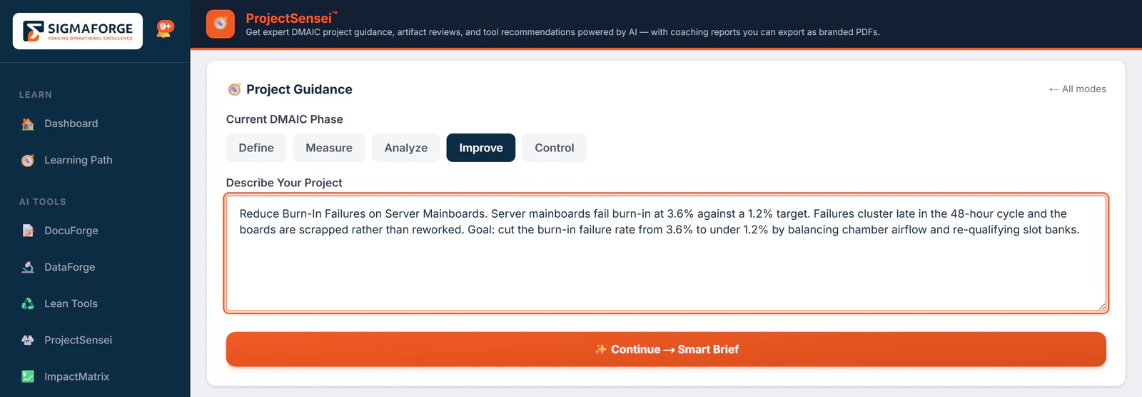ProjectSensei project guidance with the Improve phase selected and the project described: burn-in failures at 3.6% against a 1.2% target.