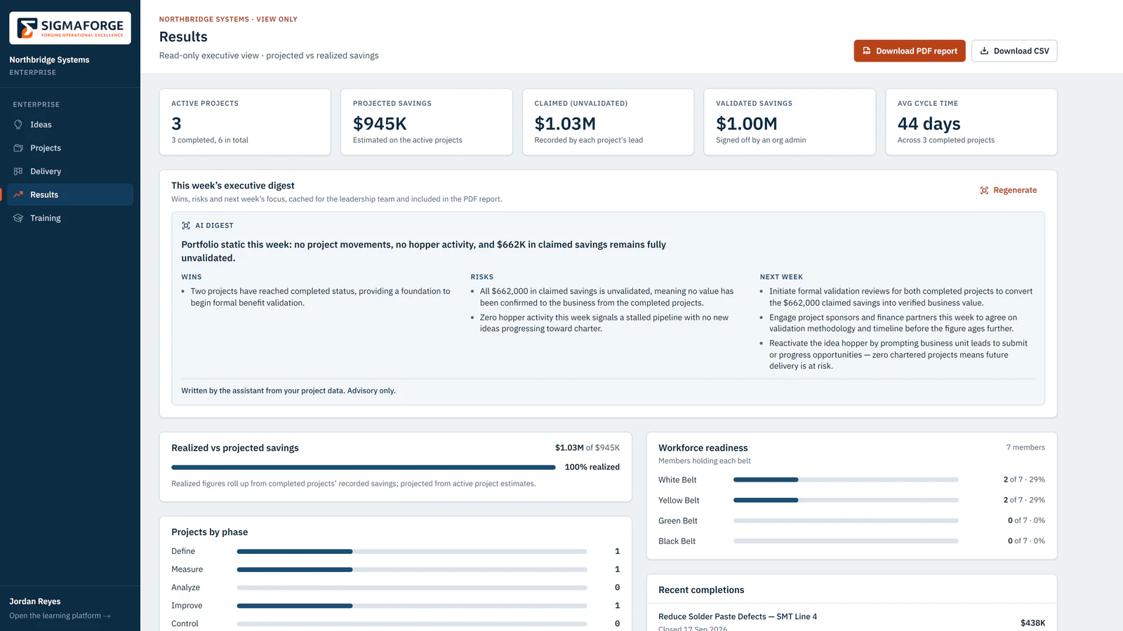 Read-only executive results: projected, claimed and validated savings, average cycle time, a weekly AI digest of wins, risks and next steps, and workforce readiness by belt.