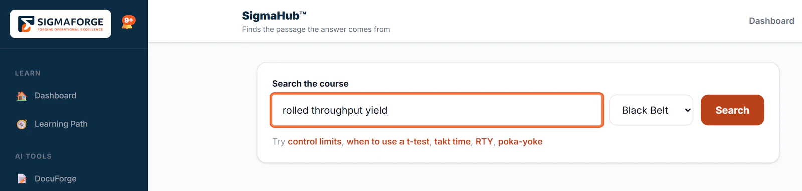 SigmaHub course search for rolled throughput yield, filtered to Black Belt, with suggested searches such as control limits and takt time.