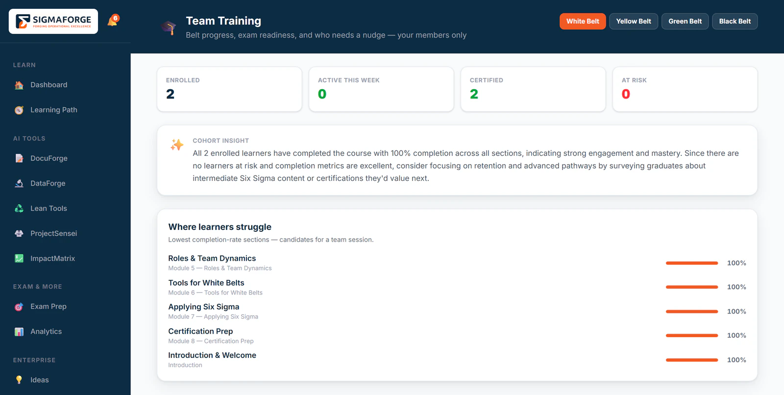 TeachPilot team training view: enrolled, active this week, certified and at-risk counts, a written cohort insight, and the sections where learners struggle.