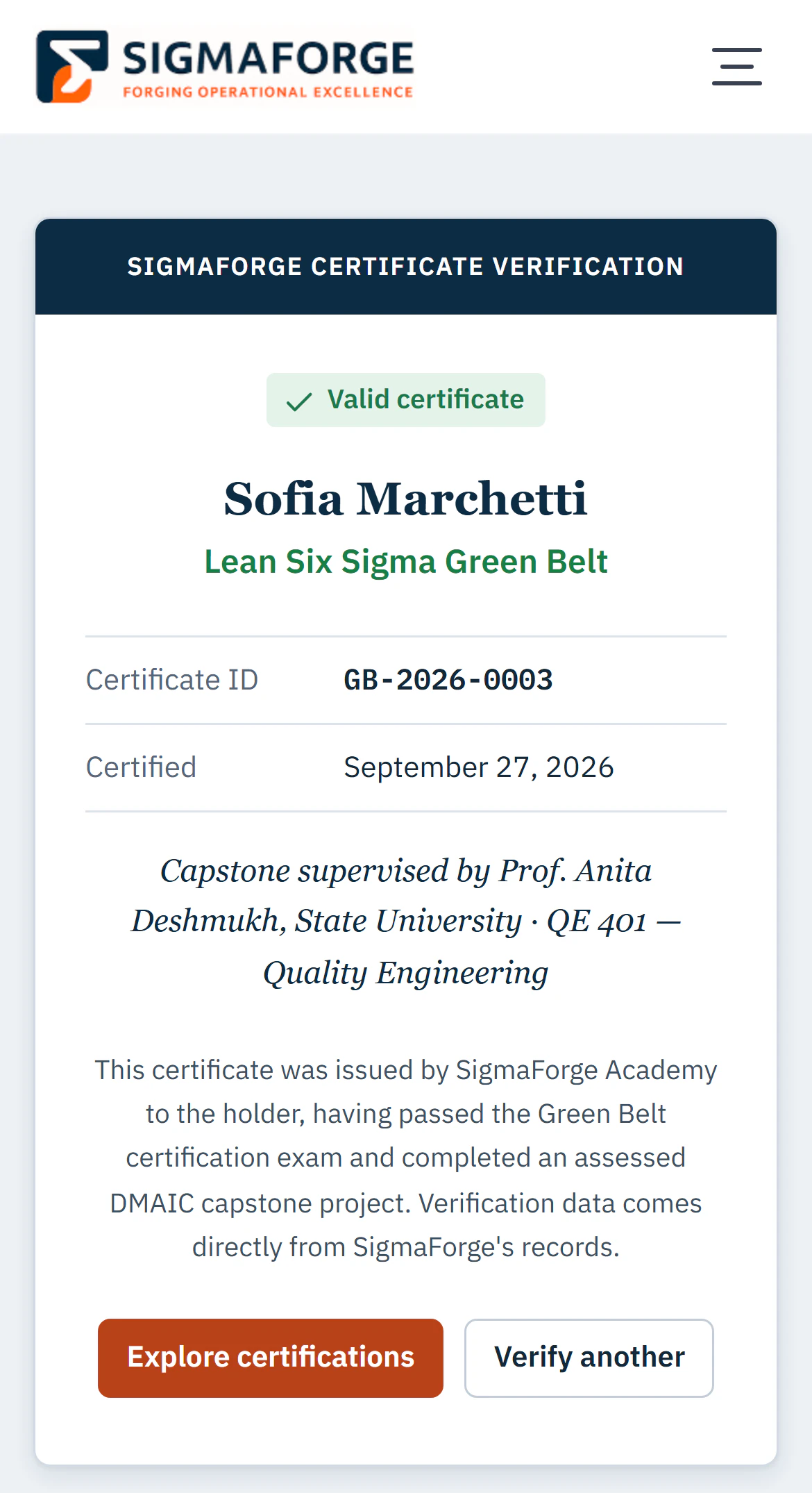 The public certificate verification page on a phone: a valid Green Belt certificate for a demo student, its ID and date, and the supervising professor.